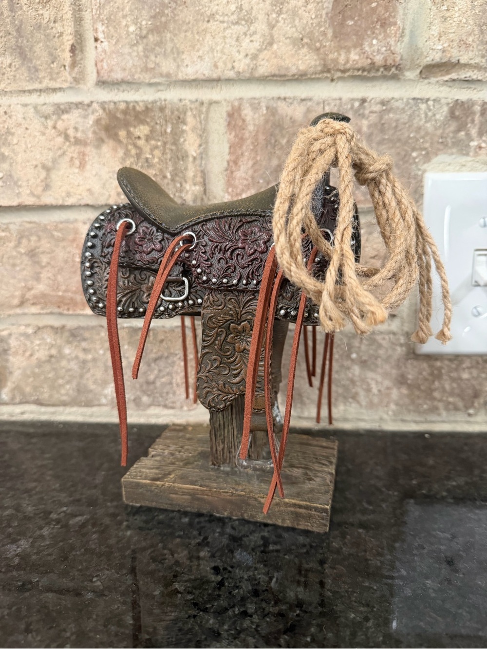 Decorative Tooled Leather Mini Saddle with Rope Accent - Brown